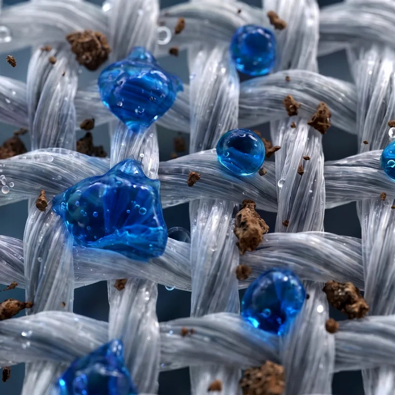 Close-up of performance fabric with detergent residue and dirt clogging the gaps between threads